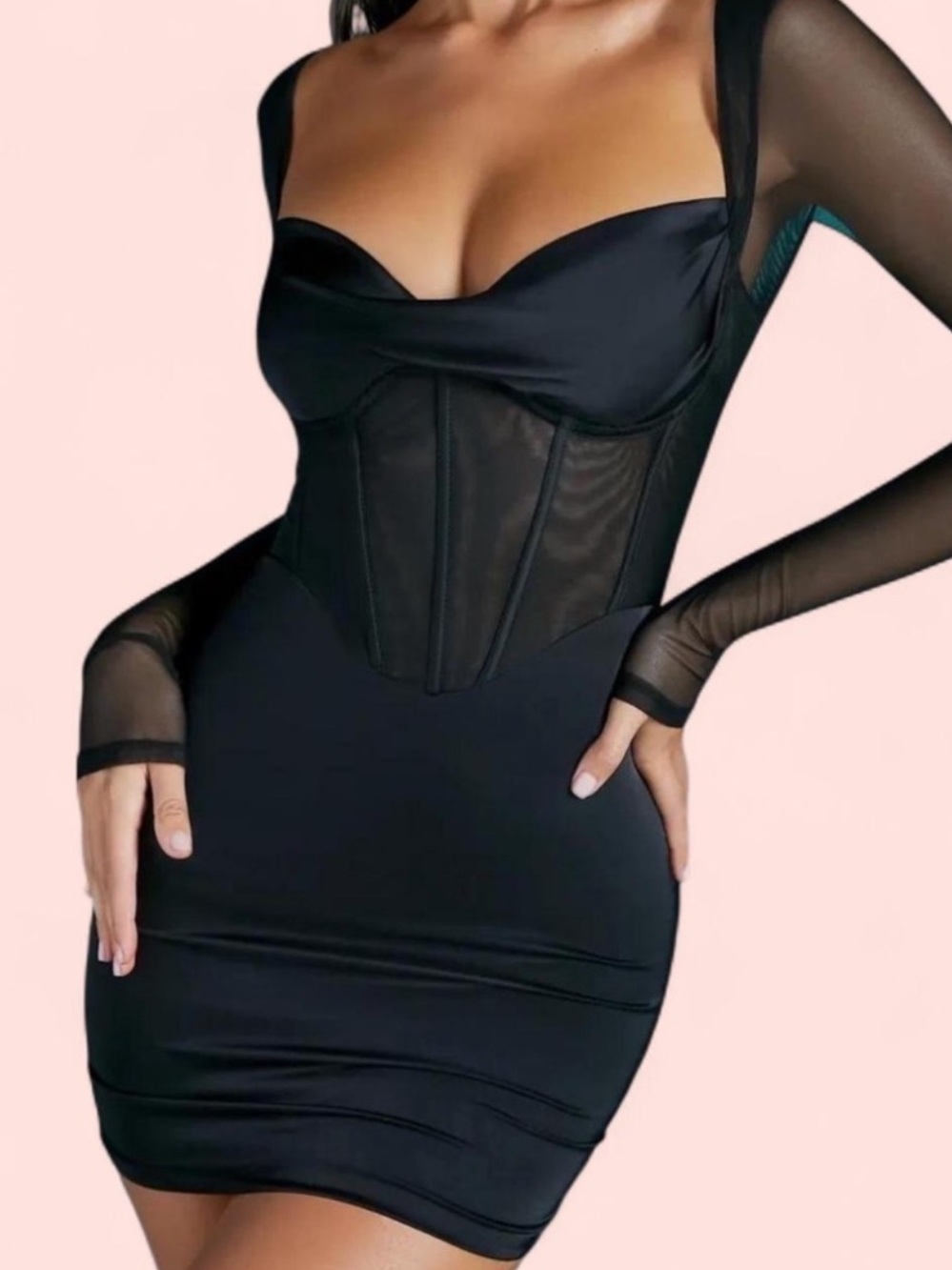 Oh Polly Black Mesh & Satin Corset Mini Dress